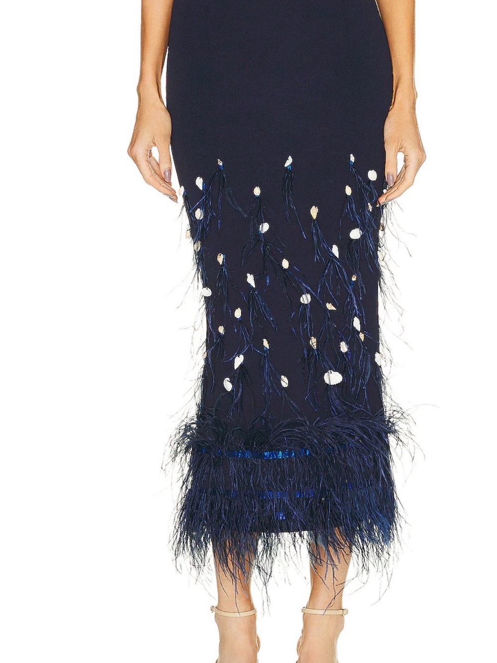 STAUD Kristin Ostrich Feather & Shell Strapless Navy Midi Set, TOP & SKIRT - Picture 2 of 11